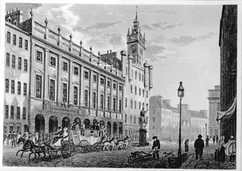 Uitzicht op het stadhuis, beurs, Glasgow, gegraveerd door Joseph Swan, 1828