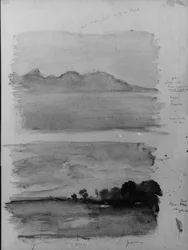 Dubbele studie van de dageraad, Moorea gezien over het water, Tahiti, 1891.