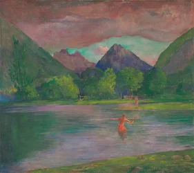 De ingang van de Tautira-rivier, Tahiti. Visser die een vis spiest