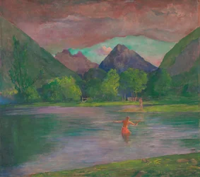 De Ingang van de Tautira Rivier, Tahiti. Visser die een Vis Spiest, ca. 1895
