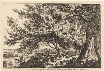 Landschap met herten onder bomen