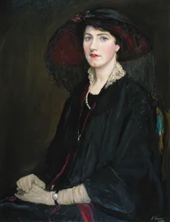 Portret van Lady Raeburn, zittend als halffiguur, in een jasje met kanten kraag, parelketting en zwarte hoed