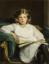 Portret van Betty, driekwart lengte zittend, een boek lezend