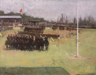 De muzikale ruitershow van de 15e Huzaren tijdens het militaire toernooi op de Internationale Tentoonstelling van Glasgow 1888