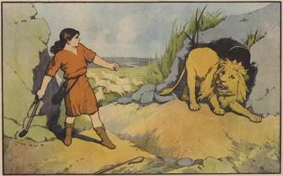 David, de herdersjongen, vecht tegen de leeuw