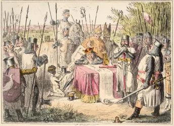 Koning Jan ondertekent de Magna Carta, uit The Comic History of England, uitgegeven 1864 (handgekleurde ets)