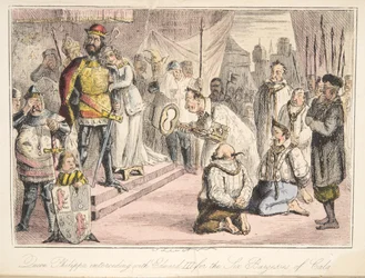 Koningin Philippa die tussenbeide komt bij Edward III voor de zes burgers van Calais, uit The Comic History of England, uitgegeven 1864 (handgekleurde ets)