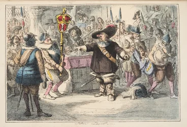Neem die prul weg, Cromwell ontbindt het Lange Parlement, uit The Comic History of England, uitgegeven 1864 (handgekleurde ets)