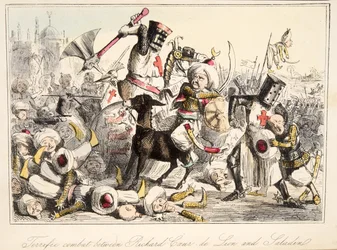 Verschrikkelijk gevecht tussen Richard Leeuwenhart en Saladin, uit The Comic History of England, uitgegeven 1864 (handgekleurde ets)