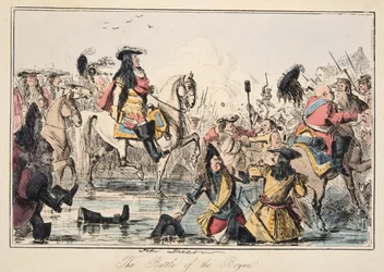 De Slag aan de Boyne, uit The Comic History of England, uitgegeven 1864 (handgekleurde ets)