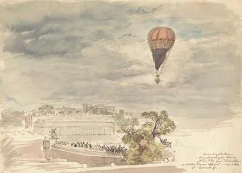 Opstijging van de ballon vanuit Burlington House, Piccadilly, vanuit het raam bij de heer B. Palmer