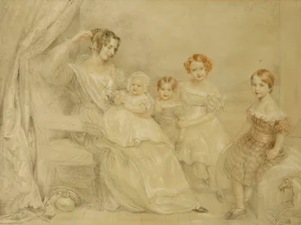 Portret van Mevrouw W.S. Fry en haar Vier Kinderen: Emma, Willy, Julie en Georgina, Zittend in een Interieur, 1840