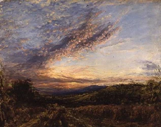 Zonsondergang boven een heidelandschap, begin jaren 1850