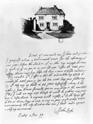 Facsimile van een brief die het huis illustreert waarin Locke (1632-1704) werd geboren in Wrington, Somerset