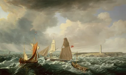 Een Brigantijn, een Nederlandse Galiot en Vissersschepen