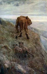 Op de uitkijk - Leeuwin en welpen, ca. 1878-1910, 1912