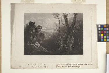 Satan beschouwt Adam en Eva in het paradijs (mezzotint)