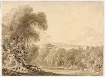 Figuren zittend bij een meer in een bebost landschap, 1820