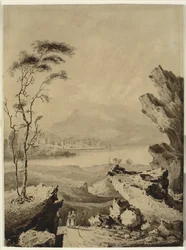 Italiaans landschap met meer, en met stad en bergen op de achtergrond