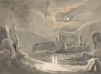 Landschap bij maanlicht met een verwoest kasteel