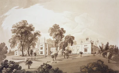 Uitzicht op de Boerderij met Scherm naar Stallen en Boerderijgebouwen naar Sezincote House, gegraveerd door Frederick Christian Lewis Snr.
