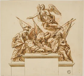 Krijger begeleid door Britannia, Minerva en Fame (recto); Ontwerp voor het Monument voor Nicholas Rowe (verso)