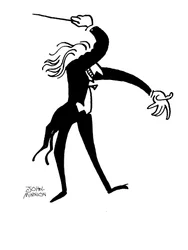 Karikatuur van een dirigent die dramatisch dirigeert