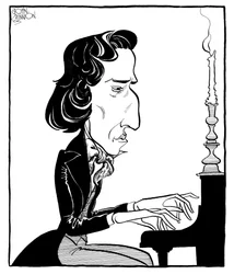 Frederic Chopin - karikatuur van de Poolse componist en pianist spelend op de piano