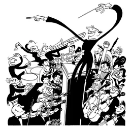 Orkest en dirigent - karikatuur door John Minnion