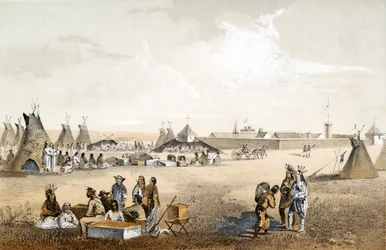 Fort Union, en distributie van goederen aan de Assiniboins, uitgegeven 1860