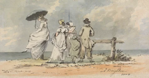 In Brighton, 1804: drie vrouwen, kind en man kijken uit over zee