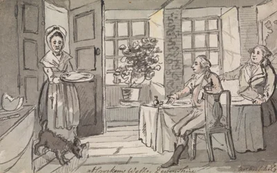 Figuren zittend aan een tafel die eten geserveerd krijgen, Crockem Wells, Devonshire
