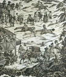 Paardenrennen in de Turf Inn (Meubelstof)