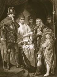 Baliol geeft zijn kroon over aan Edward I, gegraveerd door J. Parker, illustratie uit David Hume