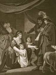 Lady Elizabeth Grey smeekt Edward IV om haar kinderen te beschermen, gegraveerd door W. Bromley, illustratie uit David Hume