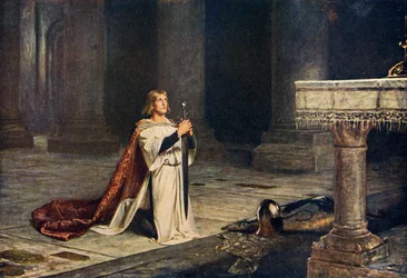 Aspirant-ridder die de wapenwake houdt vóór zijn ridderslag, illustratie uit Romance and Legend of Chivalry door A. R. Hope Moncrieff
