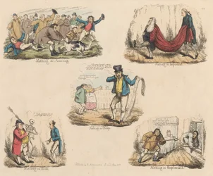 Set van vier: Veel drukte om niets of illustraties van oude gezegden