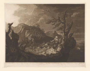 Stormachtig landschap met bard aan de rand van een klif