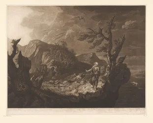 Stormachtig landschap met bard aan de rand van een klif