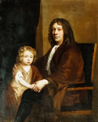 Portret van Thomas Rowe en zijn zoon, zittend driekwart lengte, de eerste in een bruine jurk, de laatste in een bruine jurk en omslagdoek
