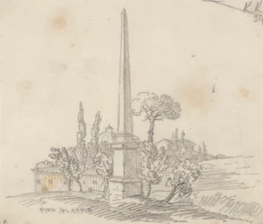 Een Obelisk met Daken en Bomen in de Verte