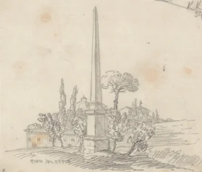 Een Obelisk met daken en bomen in de verte
