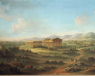 Twee grote tempels van Paestum, Basiliek links en Tempel van Neptunus of Poseidon rechts, door John Robert Cozens