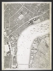 Plan van Londen, The Strand, Westminster bridge, Een plan van de steden Londen en Westminster, en het stadsdeel Southwark; Met de aangrenzende gebouwen; Van een daadwerkelijke survey, genomen door JOHN ROCQUE, Land-Surveyor, en gegraveerd door John Pine