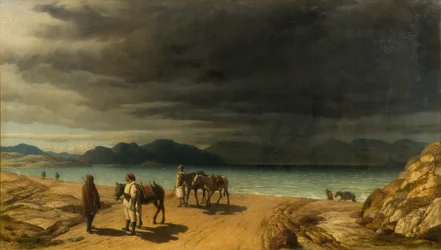 Landschap met meer en Griekse soldaten