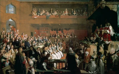 Het Proces van de Zeven Bisschoppen in het Lagerhuis tijdens het Regeer van James II