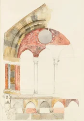 Een raam van de Broletto, Como: snelle schets in kleur, toont methode van marmerinleg, augustus 1869?