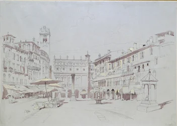 Studie voor detail van de Piazza delle Erbe, Verona, 19 mei 1841