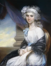 Portret van juffrouw Sophia Vansittart, driekwart lengte, gekleed in een witte jurk met een witte lint om haar gepoederde haar en een zwarte sjaal om haar schouders, zittend naast een klassieke zuil