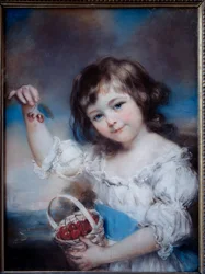Portret van een klein meisje in de mand met kersen. Schilderij van John Russell (1745-1806), 19e eeuw